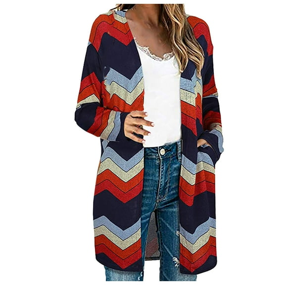 Floleo Clearance Fall Clothes For Women Women's Fashion Cardigan Striped Printed Pocket Long Sleeve Jacket Red