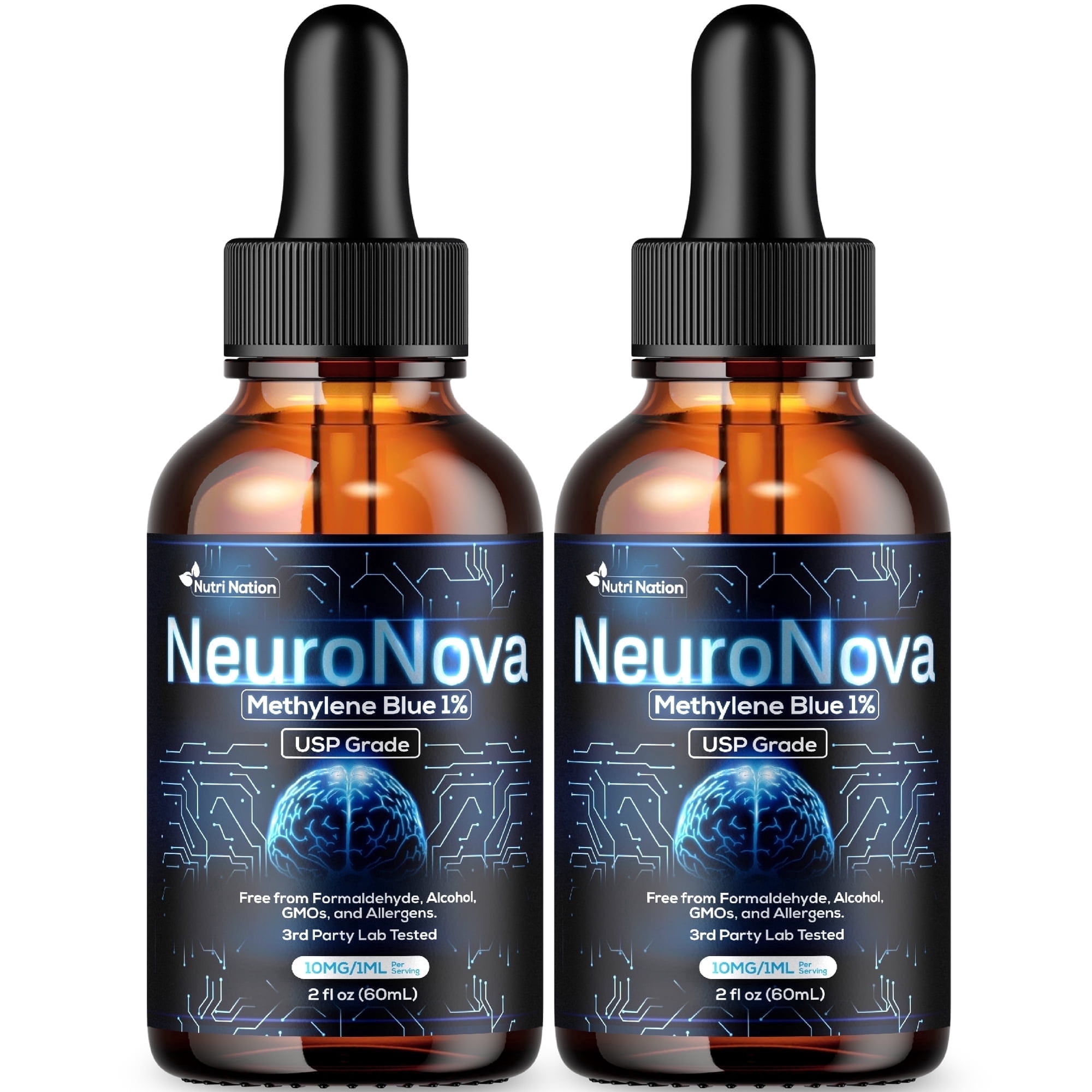 Nutri Nation Neuro Nova Methylene Blue Liquid Drops USP Pharma Grade 12 mg per mL, No Formaldehyde, 2 x 2 fl oz (60 mL), Memory & Focus Support