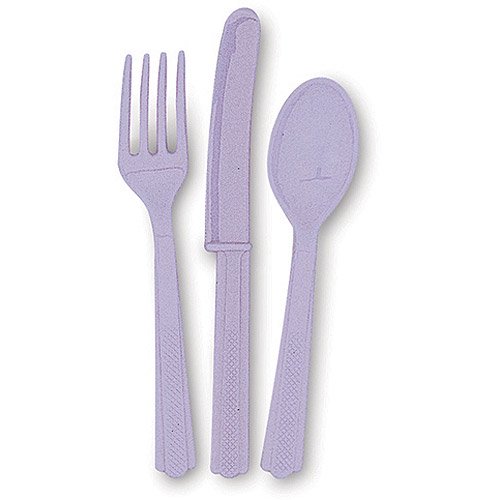 Unique Industries Assorted Plastic Silverware for 6, Lavender, 18pc