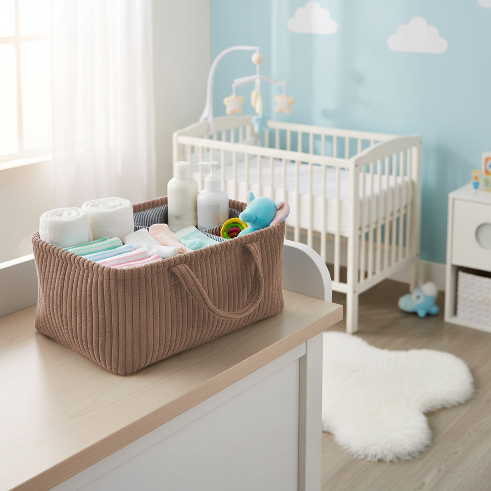 Baby Diaper Caddy Organizer for Changing Table – Stylish Nursery Storage Basket, Newborn Essentials, Baby Shower Gifts and Registry Must-Haves for Boy or Girl, Car Diaper Caddy, Corduroy