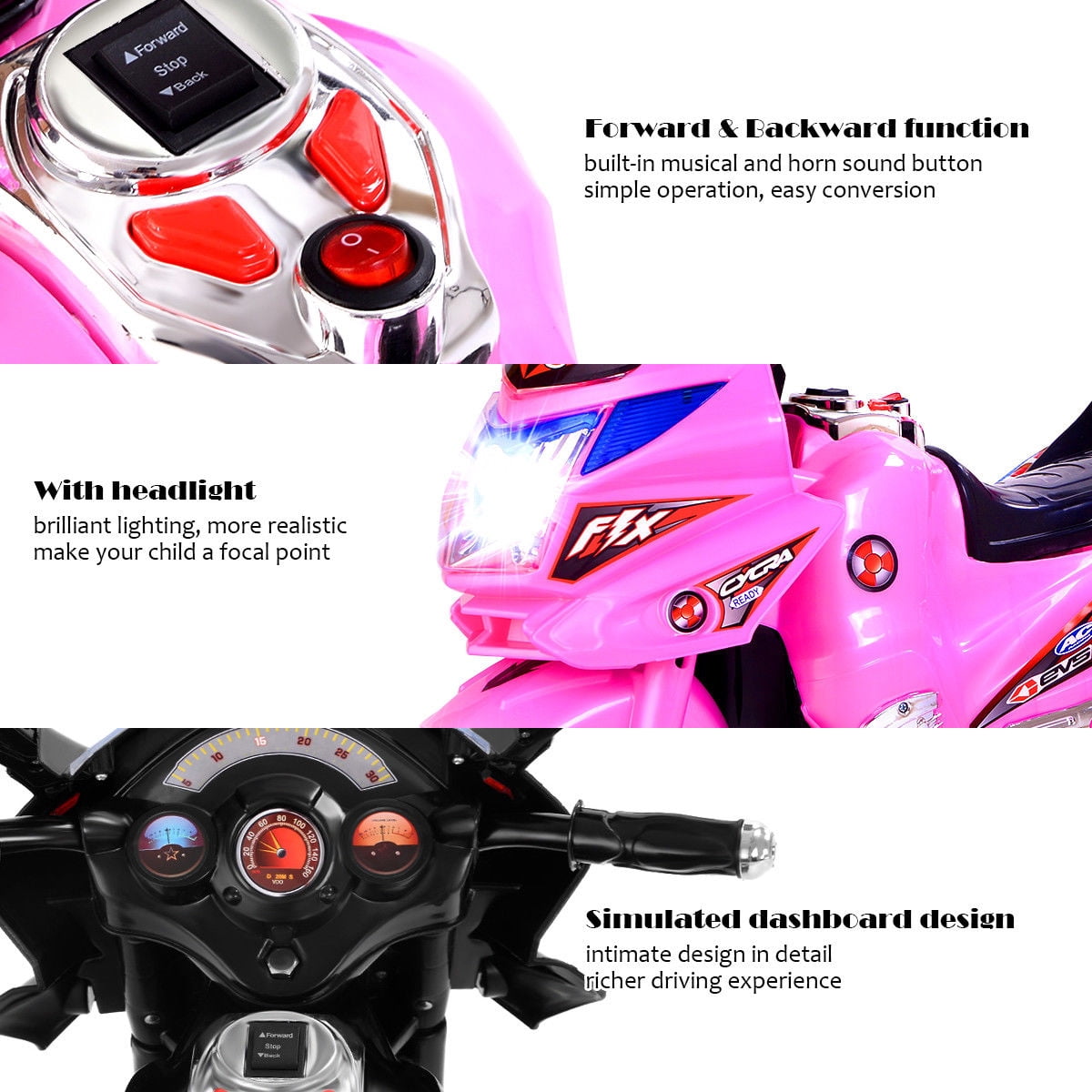Costway Kids Ride On Motorcycle 3 Wheel 6V Battery Powered Electric Toy Power Bicycle Pink