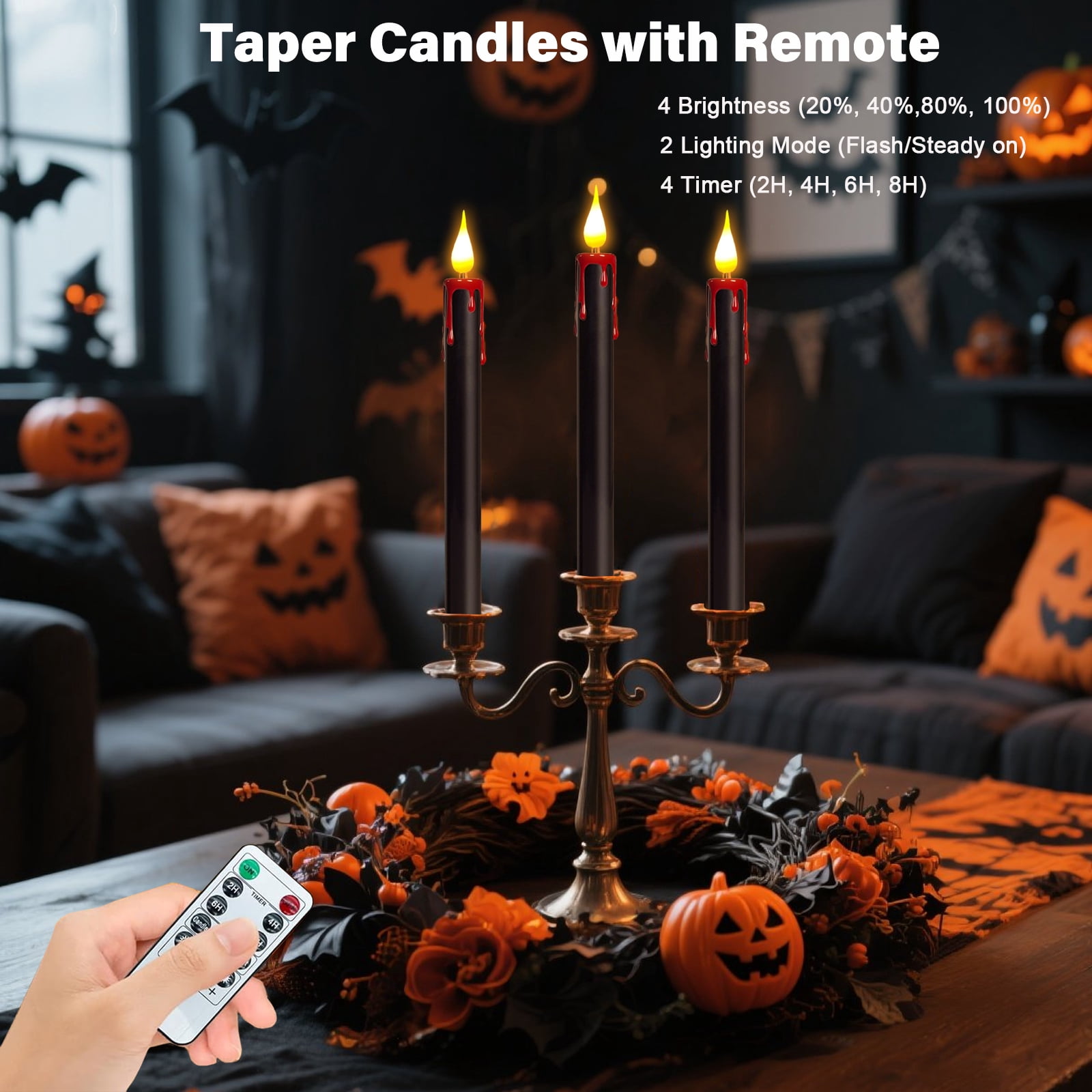 Black Flameless Candles, 6 Pcs 9.8" Flickering Halloween Taper Candles with Remote & Timer, Dimmable LED Candles Battery Operated, Electric Candle Sticks for Party Halloween Decor