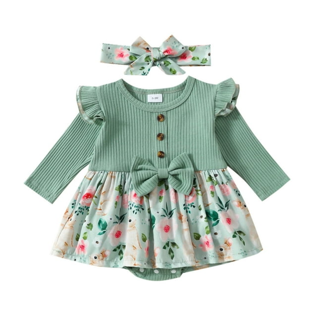 GPOECD Combinaison à Manches Longues pour Filles avec Imprimés de Lapin de Pâques, Barboteuse Côtelée, Robe, Bandeaux, Ensemble, Combinaisons à Manches Longues pour Vert-I, 9-12 Mois