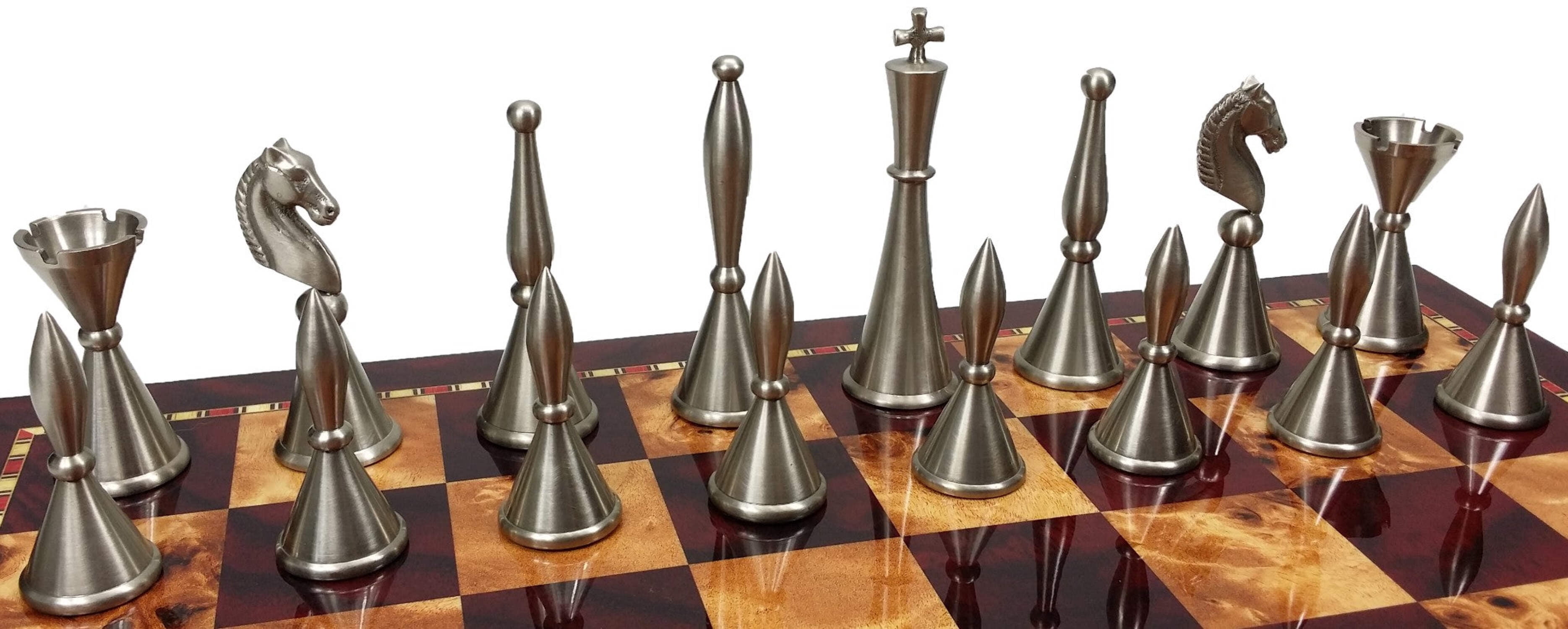 Real Brass Metal Modern Art Deco Staunton Chess Set 18" Cherry Color Board