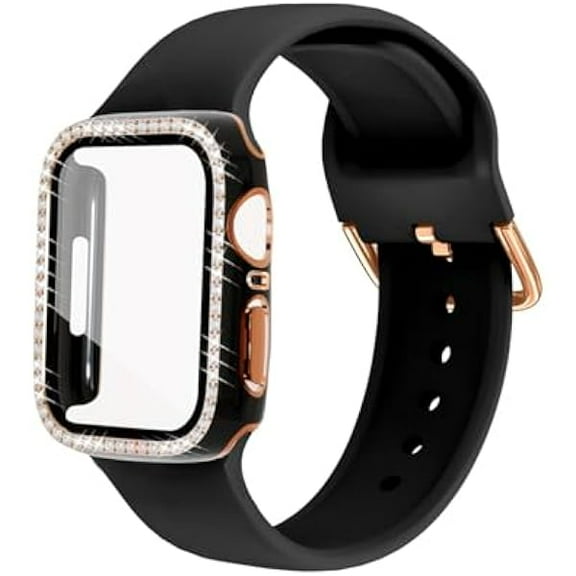 xixishop Compatible with Apple Watch Band and Case 38mm 40mm 41mm 42mm 44mm 45mm Women, Soft Silicone Bands and Bling Diamond Case & Glass Screen Protector for iWatch Series 9 8 7 6 5 4 3 2 1 and SE