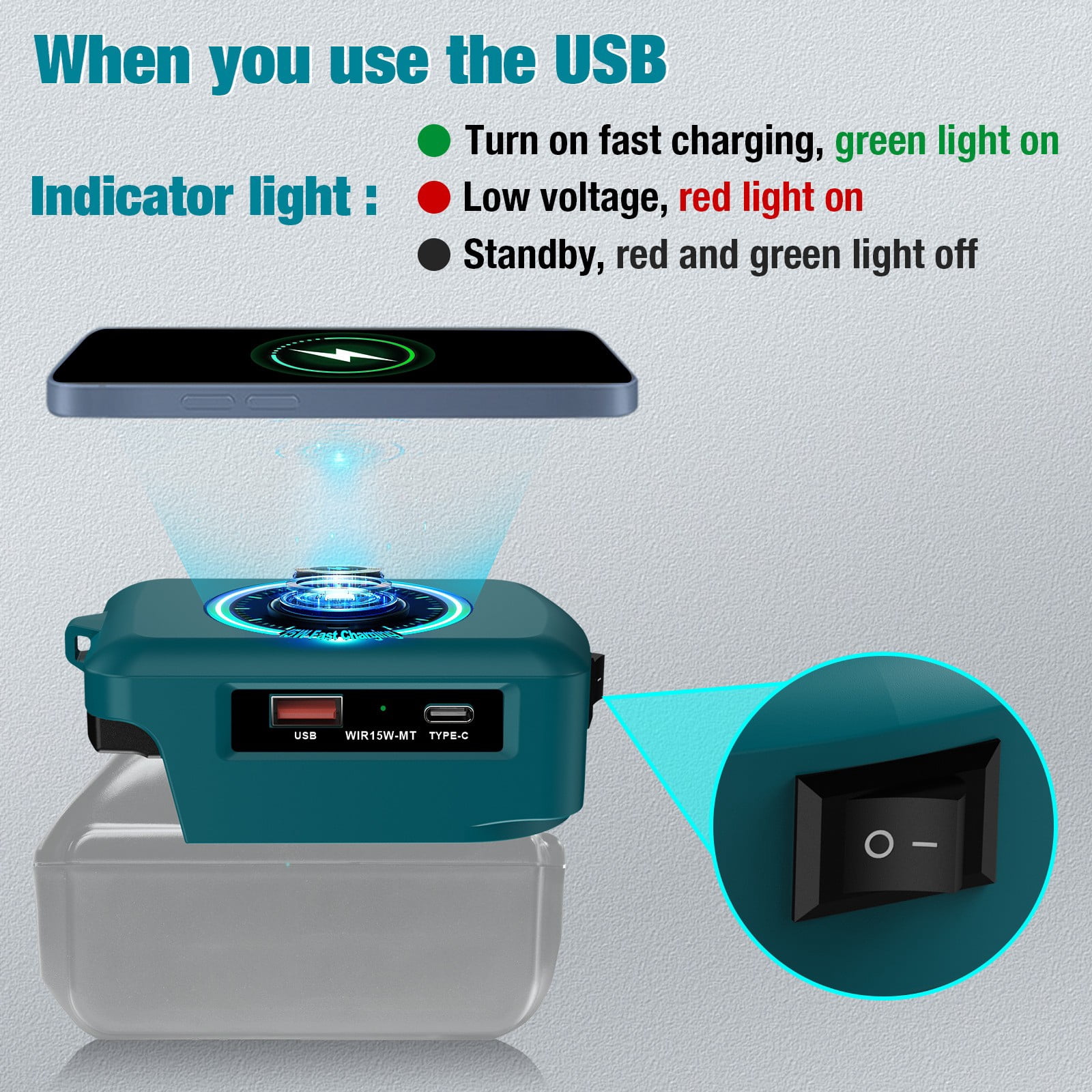 yaaqii 15W Mobile Phone Wireless Charger Adapter for BL1830 BL1815 BL1840 18V Battery
