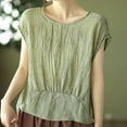 thumbnail image 5 of Women's Linen Tops Pleated Crew Neck Short Sleeve Shirts Casual Loose Lightweight Blouses Solid Color Clothes (XL, Green), 5 of 7