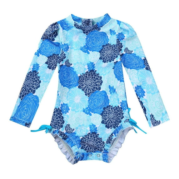 inhzoy Infant Baby Girls Long Sleeve Ruffle Swimsuit One-Piece Floral Rash Guard Swimwear Bathing Suit Flower Blue 6-12 Months