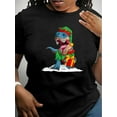 thumbnail image 1 of 1 Pce T-Shirt Imprimé Dinosaure de Noël pour Femmes, Col Rond Décontracté Manches Courtes, Tissu Polyester Extensible, Tee-Shirt Graphique de Vacances à la Mode pour Toutes les Saisons, 1 of 8