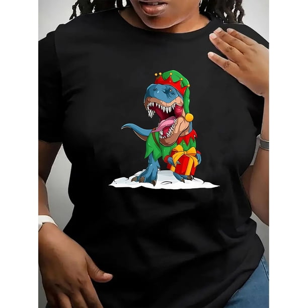 playera corta sin mangas para mujer1pc Christmas Dinosaur Print T-Shirt for Women, Casual Crew Neck Short Sleeve Top, Polyester Knit Fabric with Medium Stretch, Fashionable Holiday Graphic Tee for A