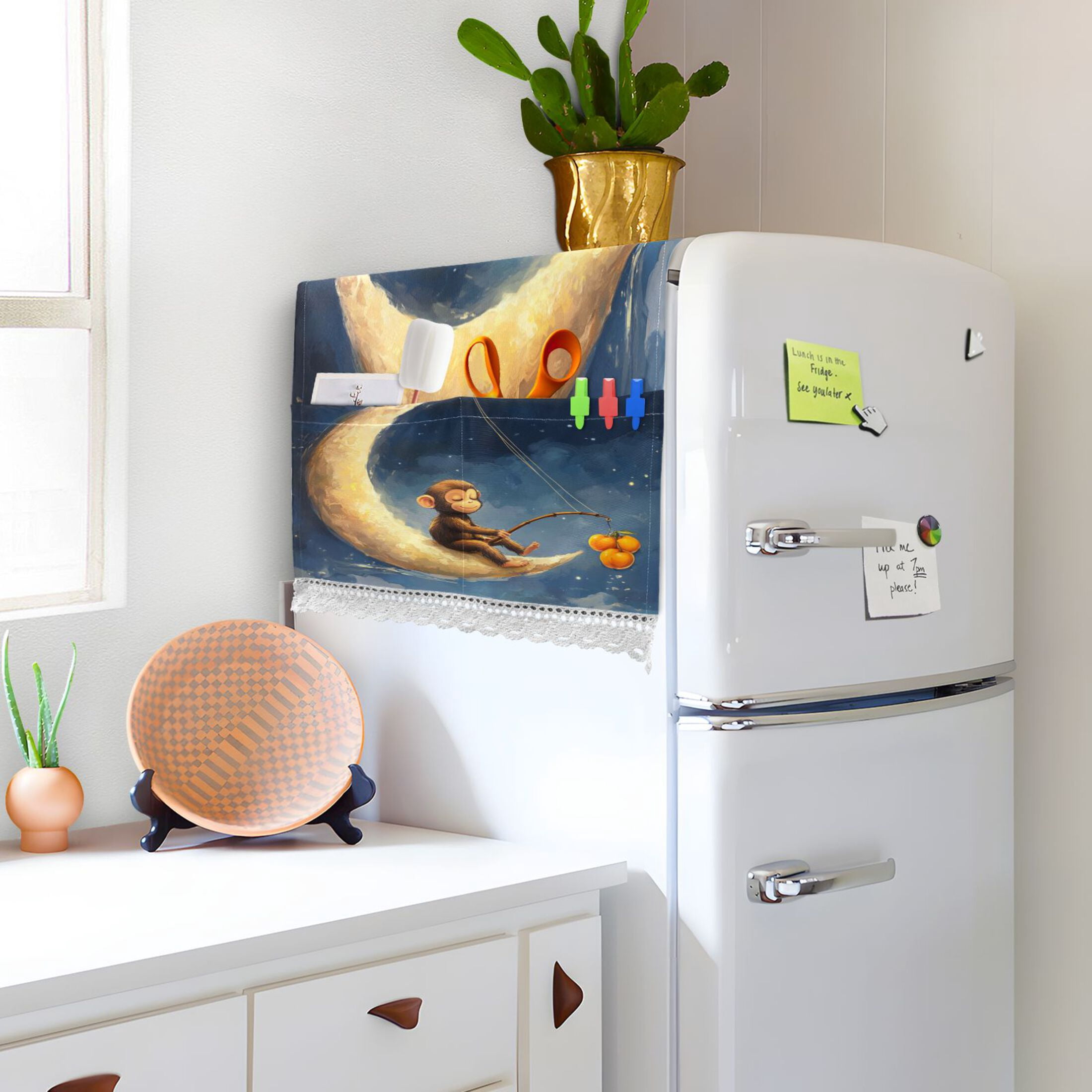 Cute MonkeyWasher and Dryer Covers Dust-Proof and Oil Resistant Fridge Cover with 4 Storage Pockets Washing Machine Top Cover for Laundry Kitchen Home 51.2 x 22 In