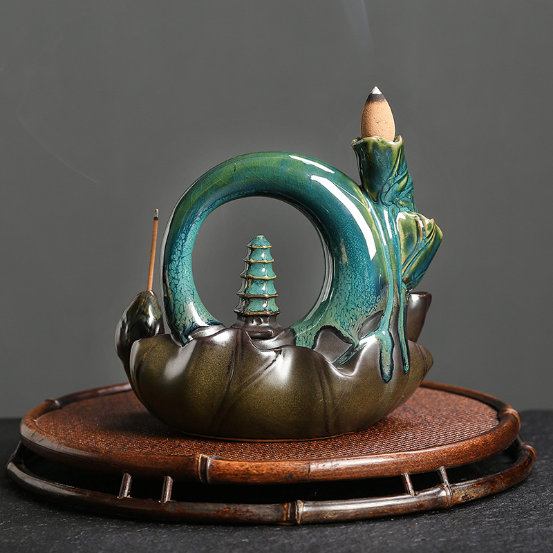 Ceramic Lotus Backflow Incense Burner Creative Moon Shape Pagoda Smoke Incense Holder Home Crafts Decoration