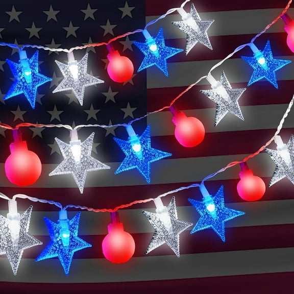 4th of July Decor Red White Blue  Star White Balls Lights String 9.84Ft Independence Day Lights with 20 LED Lights Memorial Day Decorations Patriotic Decor for Home Party Yard Tree