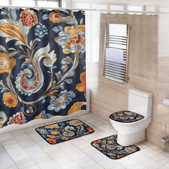 Ryvnso 4 Pcs Paisley Boho Floral Bathroom Shower Curtain Set with 12 Hooks Bath Mat Toilet Lid Cover