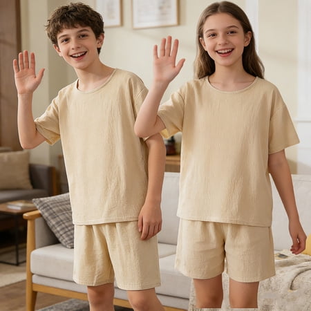 UACY Girls 2 Piece Short Set Kids Cotton Summer Outfit for Girl Breathable Short Sleeve T-Shirt Elastic Waist Wide Leg Short Pants (Beige 15-16 Years)