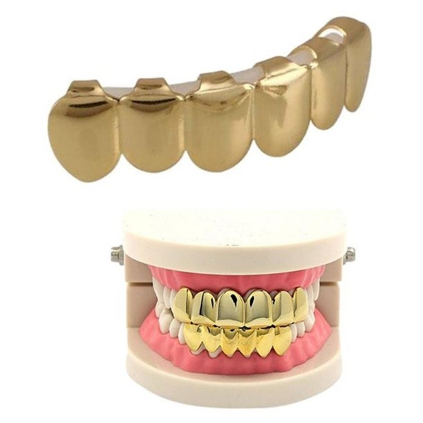 Gold Plated Hip Hop Teeth Grillz Caps Top & Bottom Grill Fang Set,6