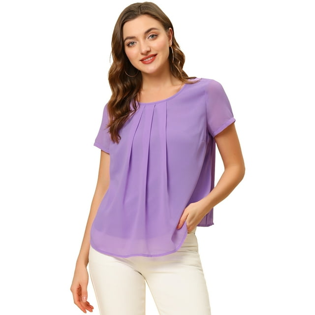 Unique Bargains Blouse d'Été en Chiffon à Manches Courtes Plissée pour Femmes Violet L