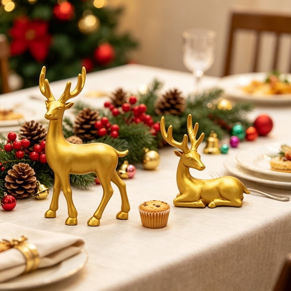 Cadancy Christmas Reindeer Figurines Set of 2 Tabletop Statues for Festive Display, Elegant Deer Ornaments Home Mantle Shelf Indoor Holiday Decor Winter Seasonal Decoration Gift