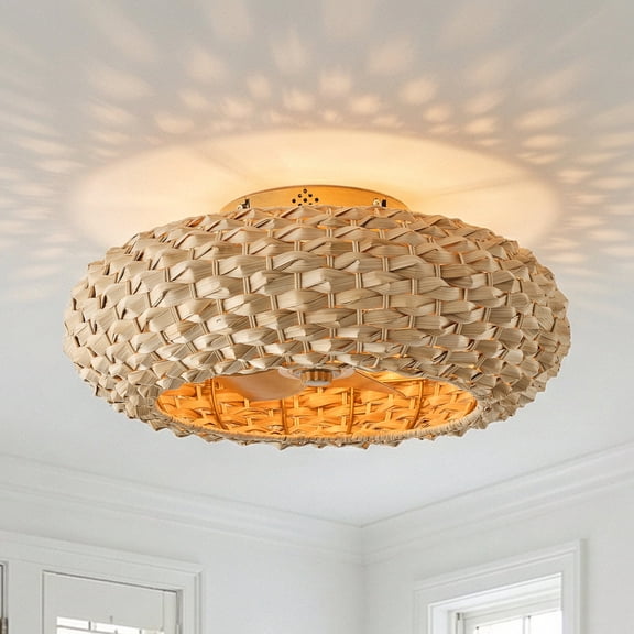 20" Boho Handwoven Natural Banboo Caged Flush Mount Ceiling Fan with Remote and Light, Low-profile Bladeless Ceiling Fan