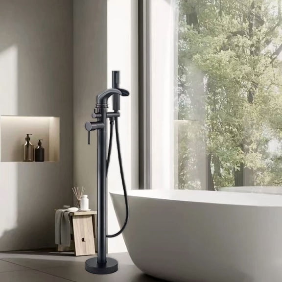 Oil Rubbed Bronze Freestanding Floor Mount Tub Filler Bathtub Faucet with Hand Shower