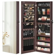 SONGMICS Jewelry Armoire Lockable Wall-Mounted Jewelry Organizer Cabinet Unit with 2 Plastic Cosmetic Storage Trays Full-Length Frameless Mirror Brown
