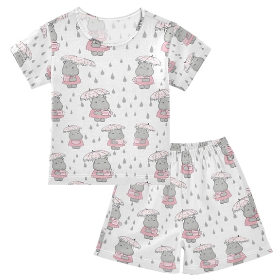 joogoo Cartoon Hippo in Rain Pattern Pajama Sets Short Sleeve Cotton 2-Piece Sleepwear 10Y