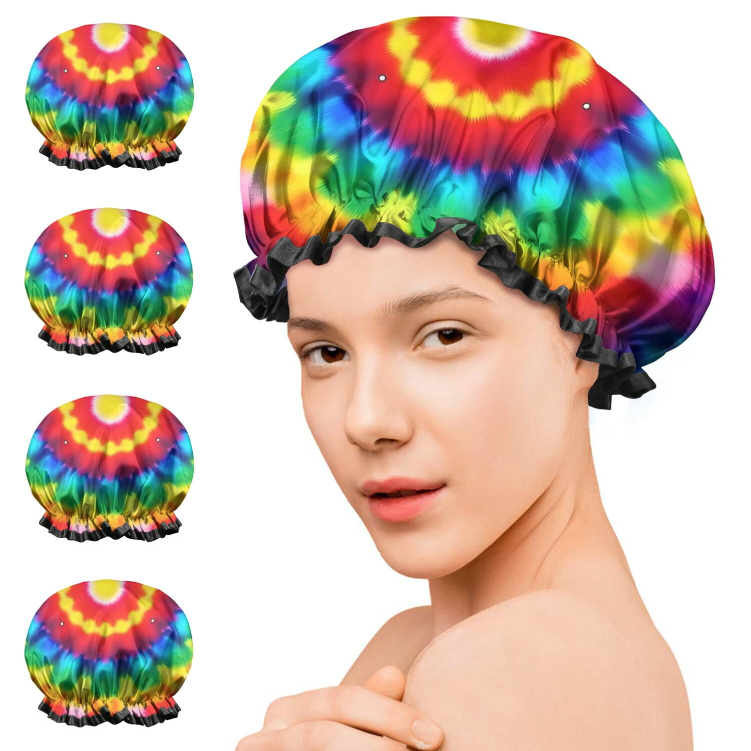 Shower Caps,Rainbow Tie Dye Circular Pattern Waterproof Shower Cap for Women 4 Pieces,Double Reusable Hair Cover for Shower PEVA Elastic Stretch Hem