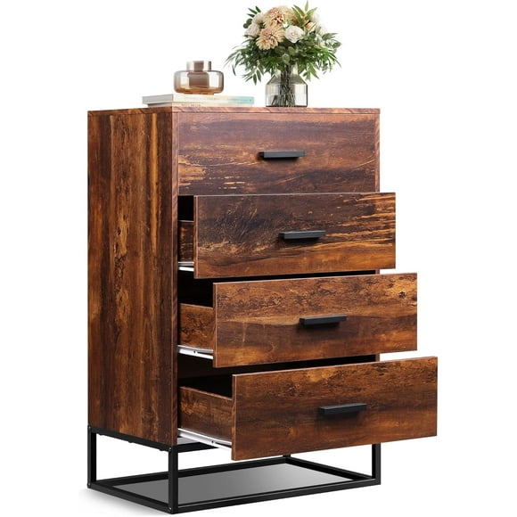 Wood Dresser for Bedroom with 4 Drawers, Chest of Drawers, Tall Dresser Drawers with Sturdy Metal Frame for Hallway, Living Room, Closet, Brown Oak