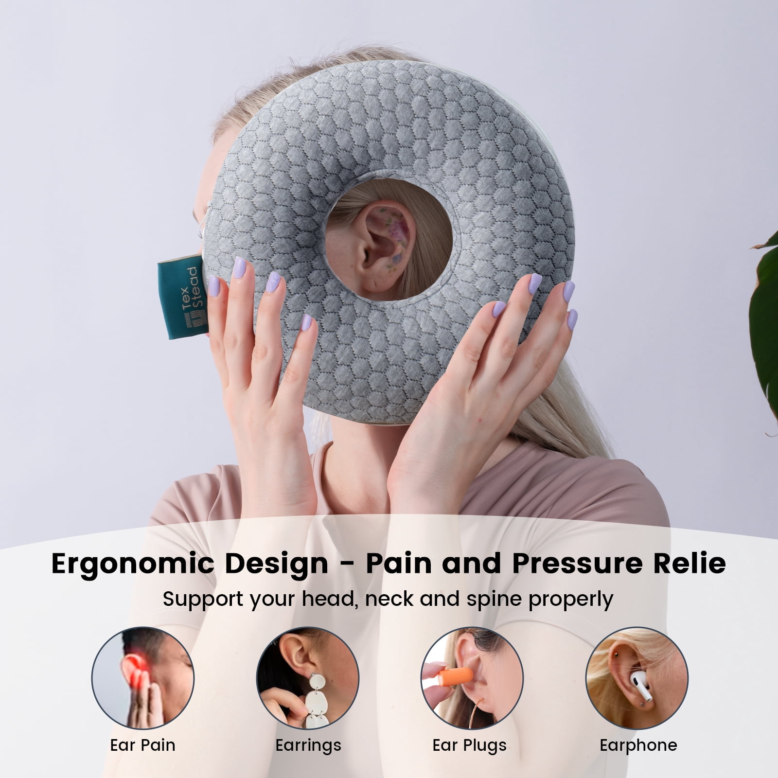 CHARRYARN by TexStead Ear Protection Pillow with Center Hole, Soft Memory Foam Cushion for Side Sleepers, Prevents Ear Pressure & Relieves Ear Pain – Breathable & Washable Cover-9*9*2inch- gray