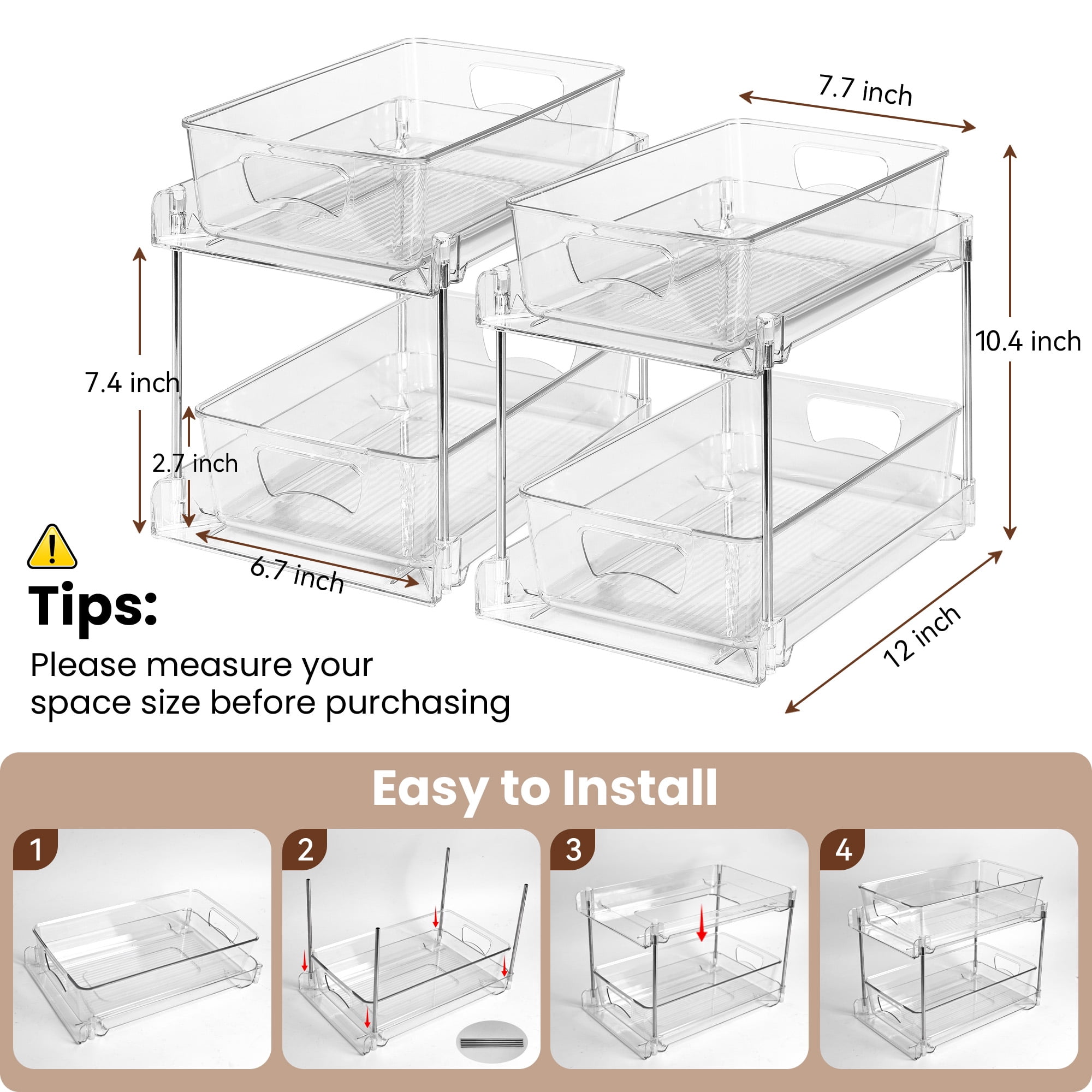 Riousery 2-Tier Clear Under Sink Organizer, 2-Pack Pull-Out Cabinet Storage, Stackable Design for Kitchen and Bathroom