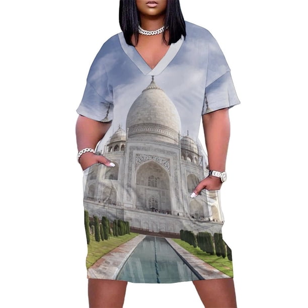 Vestido de noche para mujer, falda larga con bolsillo, ilustración fotográfica del famoso e histórico Taj Mahal.