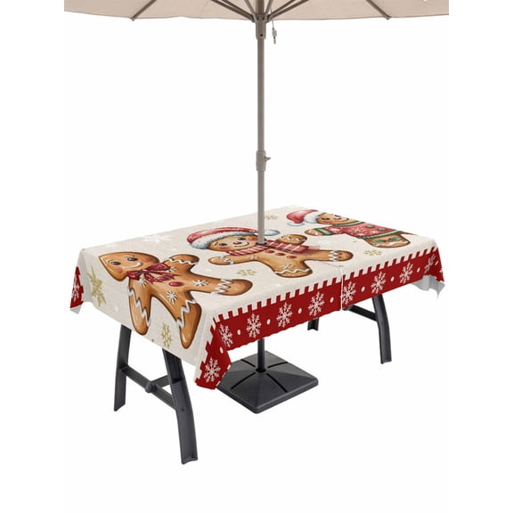 Outdoor Tablecloth with Umbrella Hole and Zipper, Gingerbread Christmas Rectangle Table Cloth 60x84 Inch Waterproof Tablecloth, Red Snowflake Golden Winter Xmas Picnic Table Cover for Patio Camping