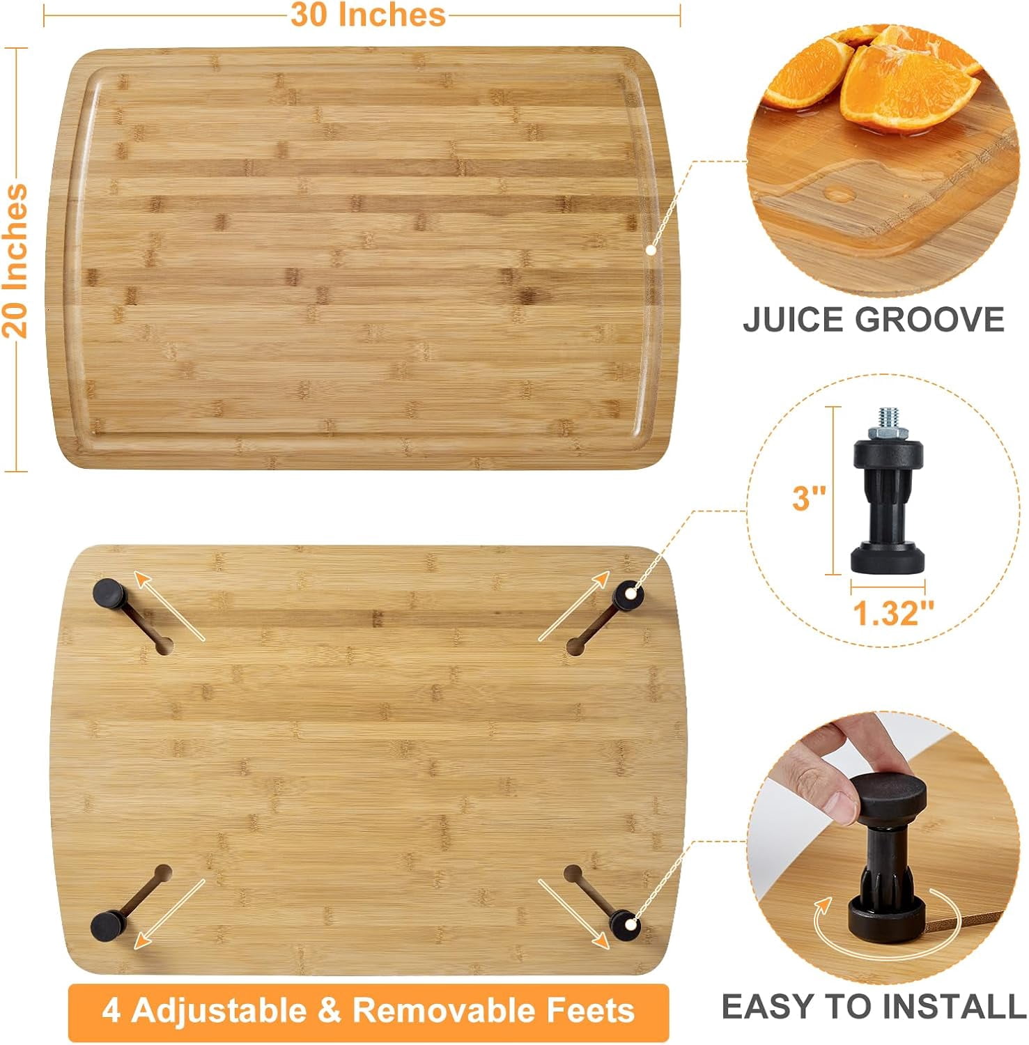 Space-Saving Bamboo Stove Cover & Cutting Board, 30"x20" Extra Large with Removable Feet, Juice Groove & Non-Slip Surface for Gas/Electric Stoves, RVs & Compact Kitchens