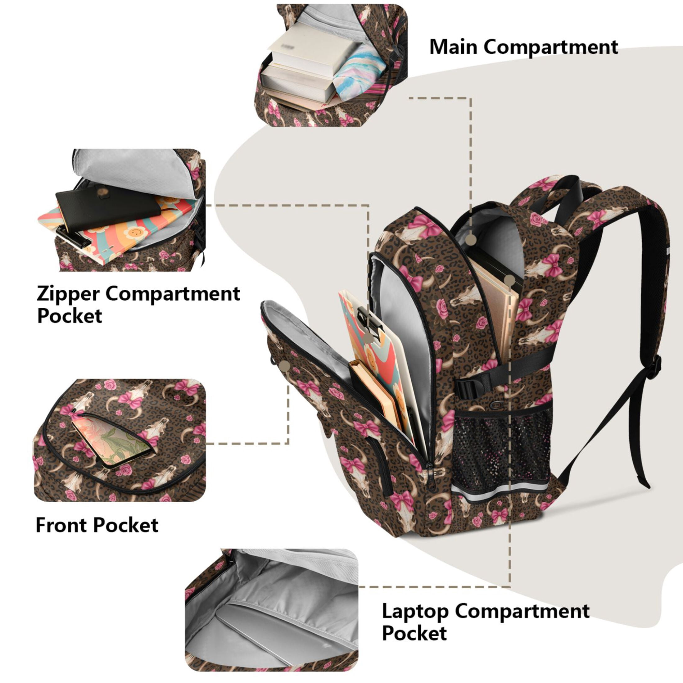 ALAZA Bows Cow Skull Leopard Print Student Backpack School Bookbag Large Laptop Daypack Travel Bag