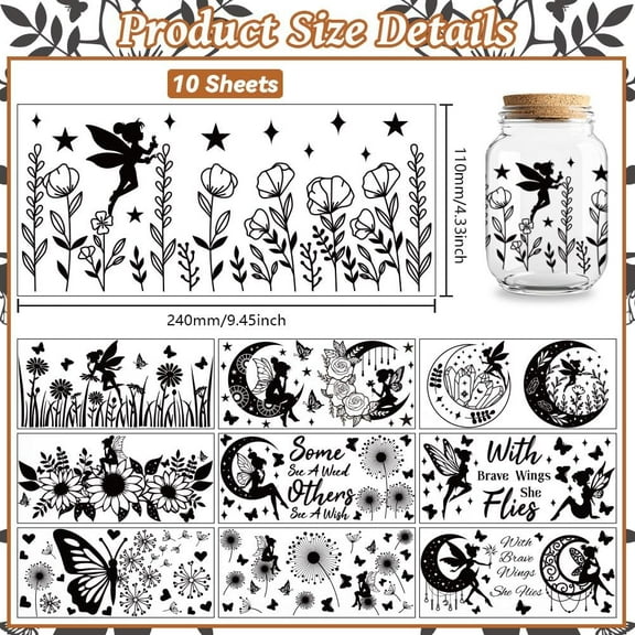 UV DTF Cup Transfer Wraps Stickers Black Fairy 10 Sheets Waterproof Custom Vinyl 16oz Coffee Glass Cup Tumbler Bottle Mug Decals for Men Women