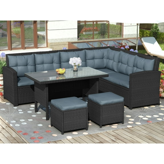 SYNGAR Patio Sofa Set, 6 Pieces Outdoor Sectional Furniture Set, All-Weather PE Rattan Wicker Patio Conversation Set with Coffee Table and Cushioned Sofa for Garden Deck Backyard, Brown, LJ3681