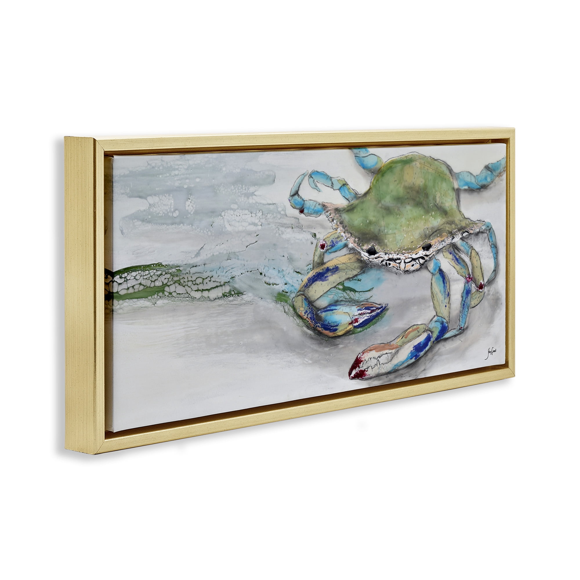 Stupell Industries Vivid Crab on Beach Shoreline Animals & Insects Painting Gold Floater Framed Canvas Art Print Wall Art, 25 x 11
