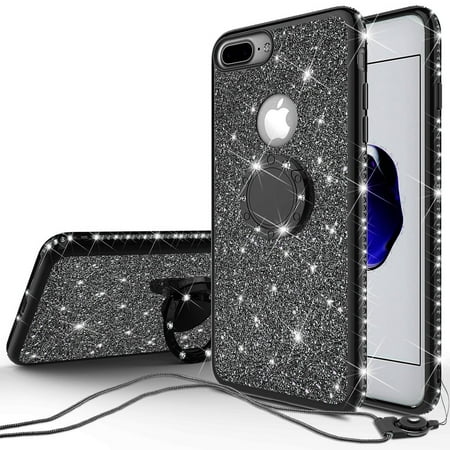 iPhone SE 2020/iPhone 8/7 Case, Cute Glitter Bling Diamond Rhinestone Phone Case with Ring Stand, Bumper Sparkly Clear Thin Protective Cover for iPhone 7 Case for Girl Women - Black