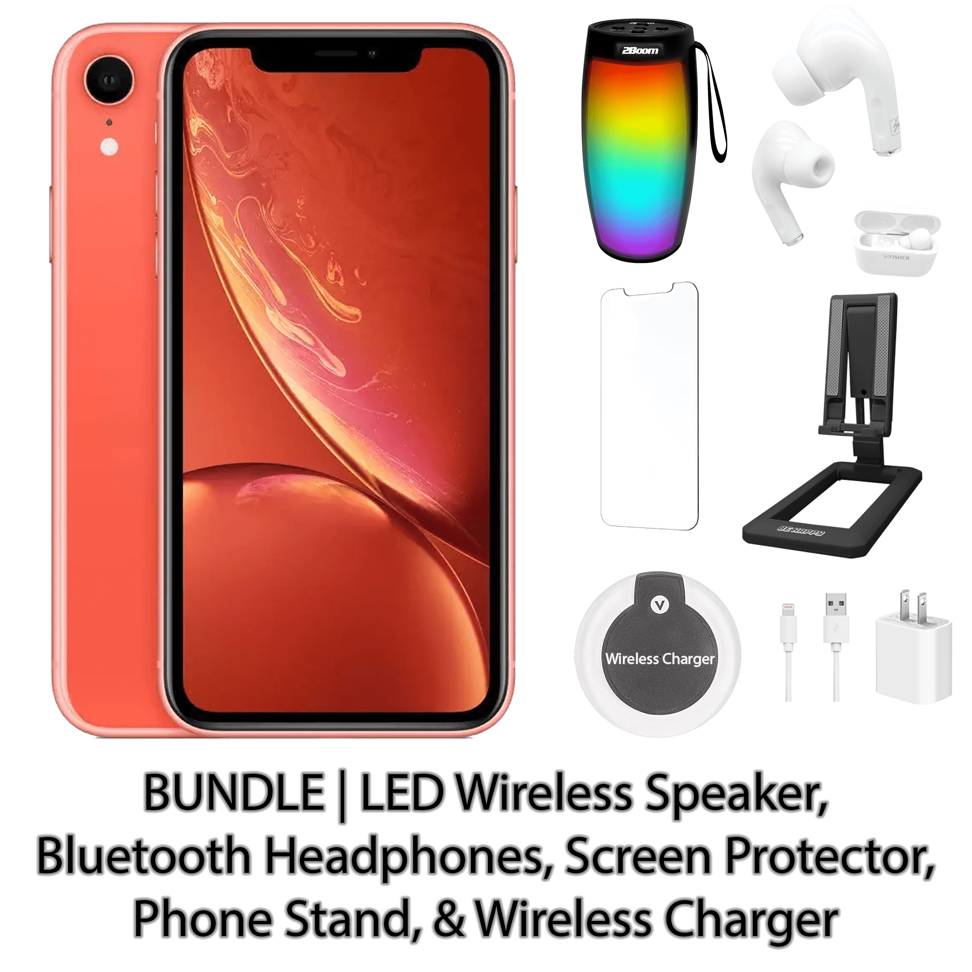 Refurbished Apple iPhone XR 128GB Coral Fully Unlocked with LED Wireless  Speaker, Bluetooth Headphones, Screen Protector, Wireless Charger, & Phone  ...