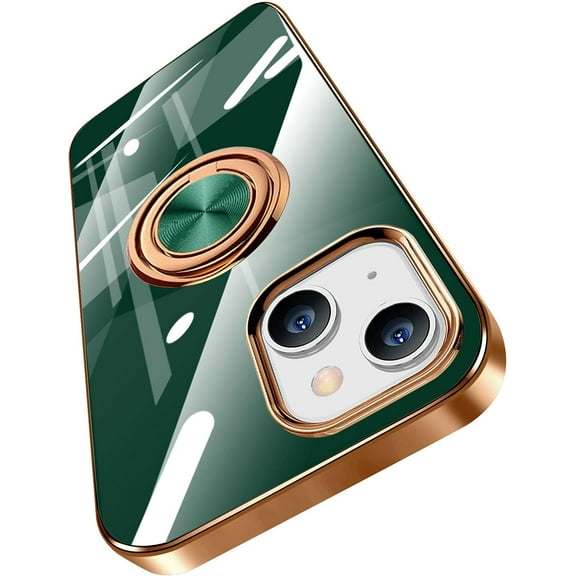 Compatible with iPhone 13 Case 6.1” Slim Thin Silicone Cover with Ring Holder Magnetic Kickstand Shockproof Protective Phone Cases Soft TPU Bumper - Green