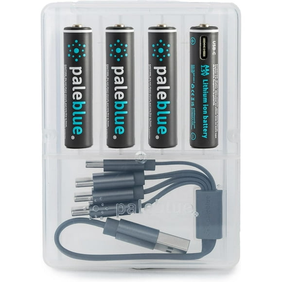 USB-C Rechargeable AAA Batteries by Pale Blue, Lithium Ion 1.5v 600 mAh, Charges Under 1 Hour, Over 1000 Cycles, 4-in-1 USB-A to USB-C Charging Cable, LED Charge Indicator - 8 Pack