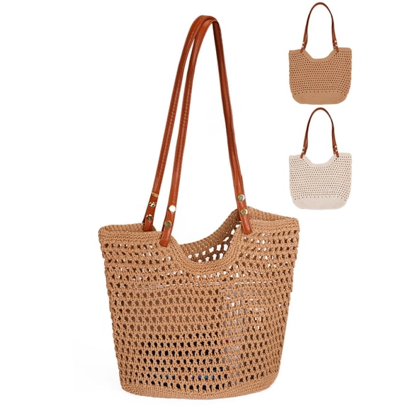 Gustave Crochet Beach Tote Bag for Women Knit Woven Mesh Hobo Shoulder Bag Handbag Purse for Summer Travel Vacation - Khaki