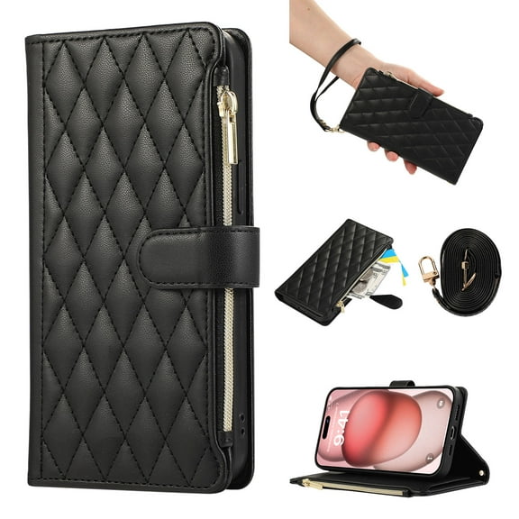 Zipper Wallet Case Compatible with Samsung Galaxy S22 Ultra Case Wallet for Women, Card Holder & Crossbody Wrist Strap Stand PU Leather Case for Samsung Galaxy S22 Ultra Phone Case - Black