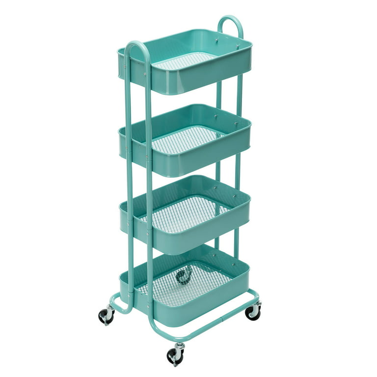 Walsport Heavy Duty Rubbermaid Mobile Storage Organizer 4-Tier Metal Mesh  Rolling Utility Trolley Cart with Handle for Kitchen & Bathroom, Blue 