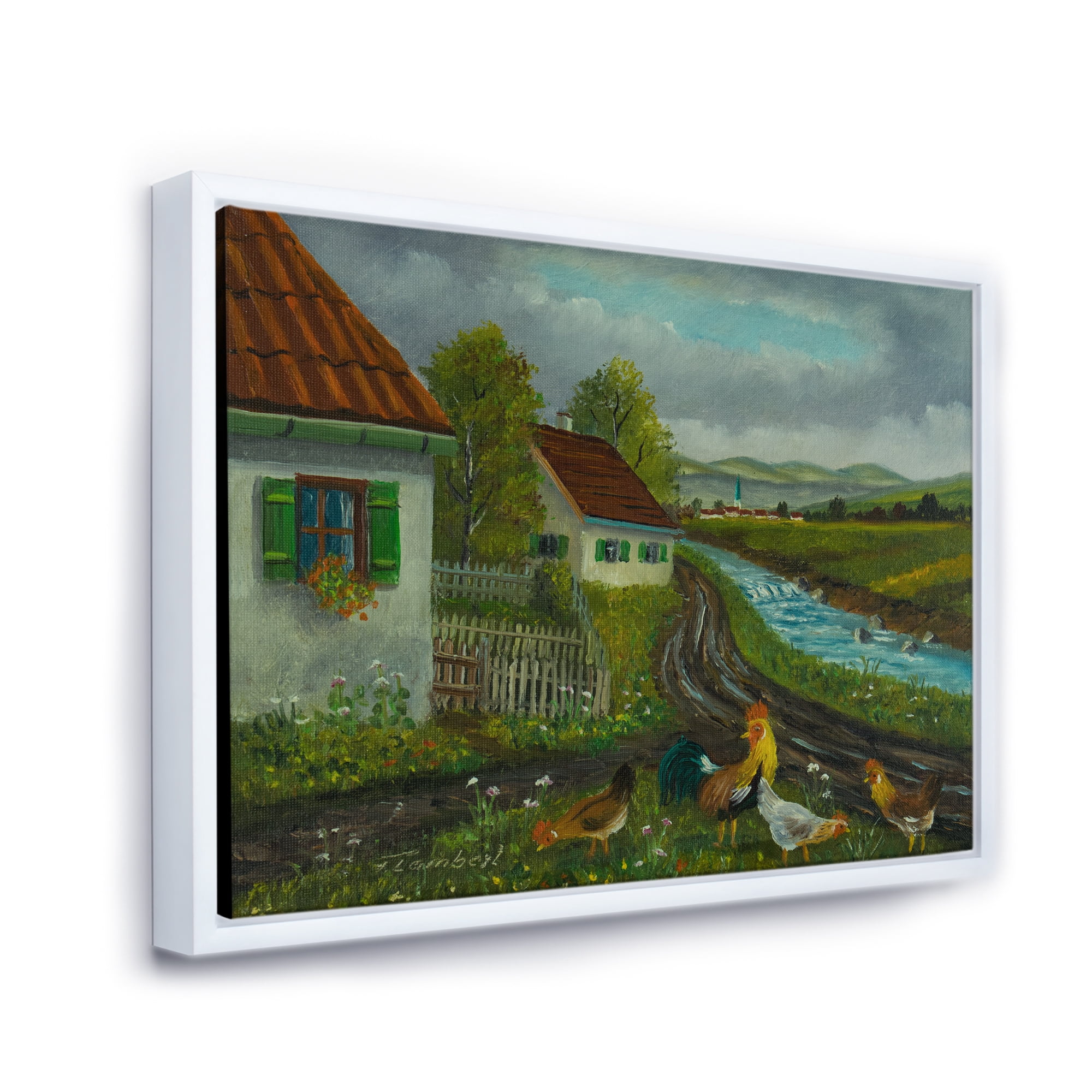A Cock and Three Chickens In A Meadow With Flowers 32 in x 16 in Framed Painting Canvas Art Print, by Designart