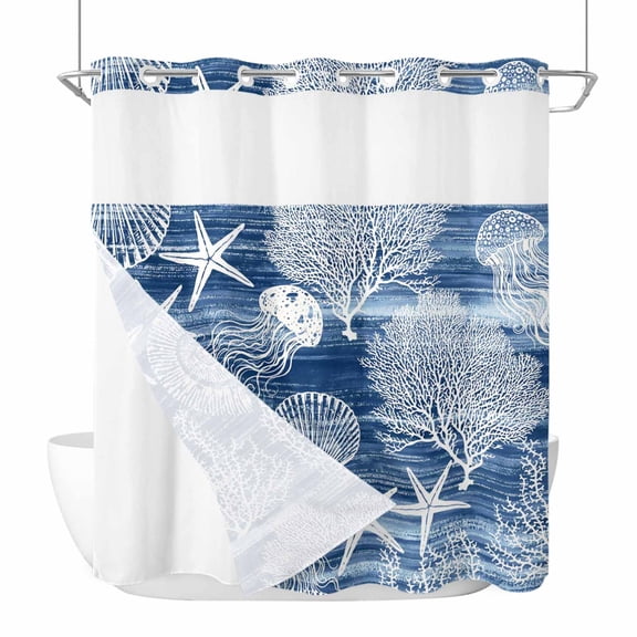 Navy Blue Coastal No Hook Shower Curtain with Snap in Liner, Waterproof Fabric Shower Curtains, Nautical Starfish Coral Jellyfish Shell Sea Shower Curtain Set Top See Through for Bathroom 72"x72"
