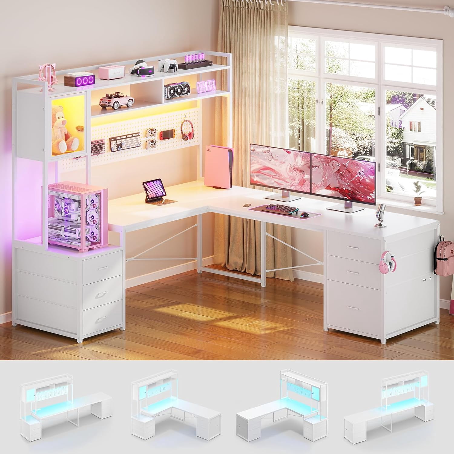 SEDETA L Shaped Gaming Desk with Drawers, Reversible Computer Corner Desk with File Drawer, Hutch, Storage Shelves for Home Office, Gaming Two Person Desk with Led Lights, Power Outlet, White