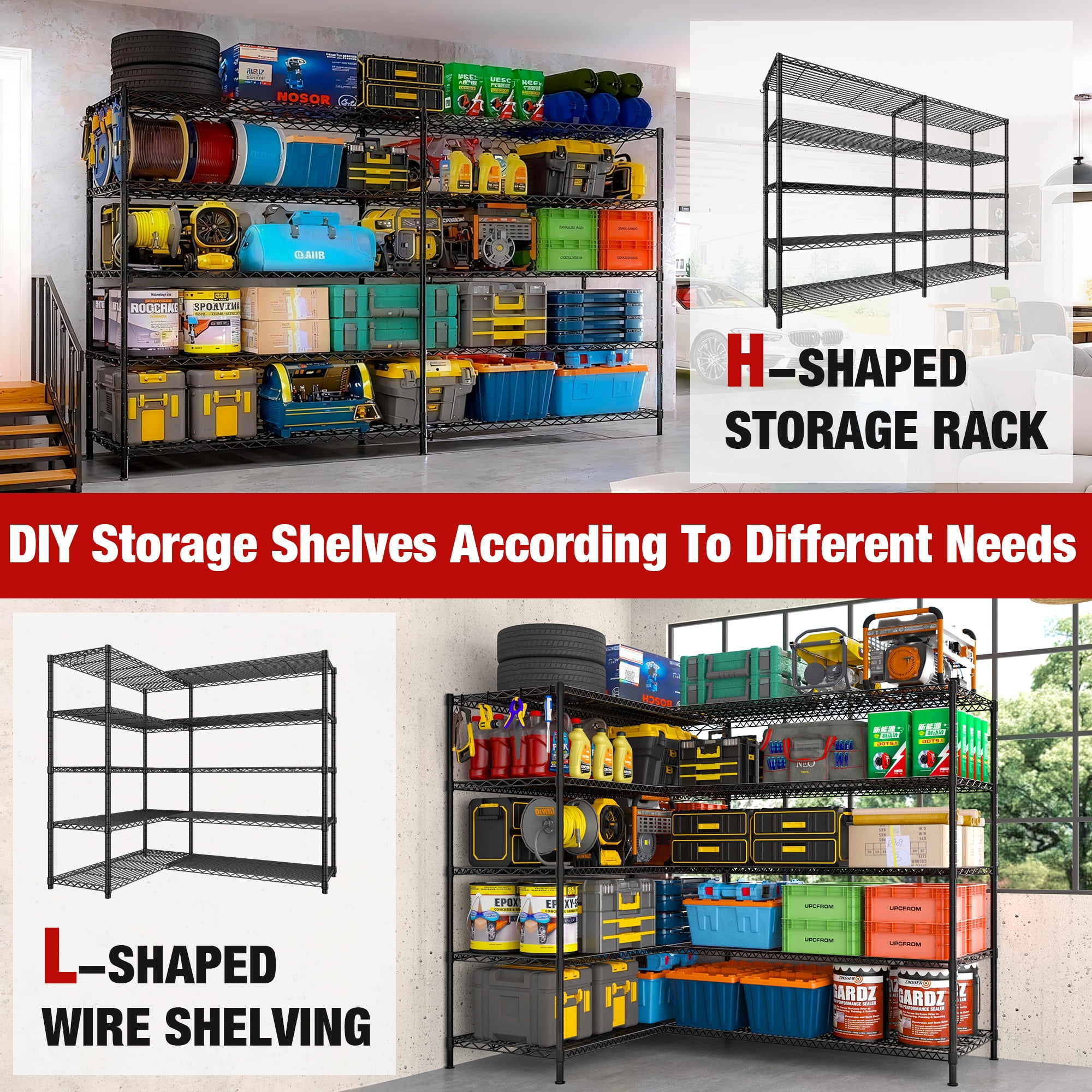 Prilinex 72"W Storage Shelves Load 1750LBS Wire Shelving Unit 5 Tier Garage Shelving Adjustable Metal Shelves Heavy Duty Organizer Rack for Pantry Kitchen, 72"W x 16"D x 76"H