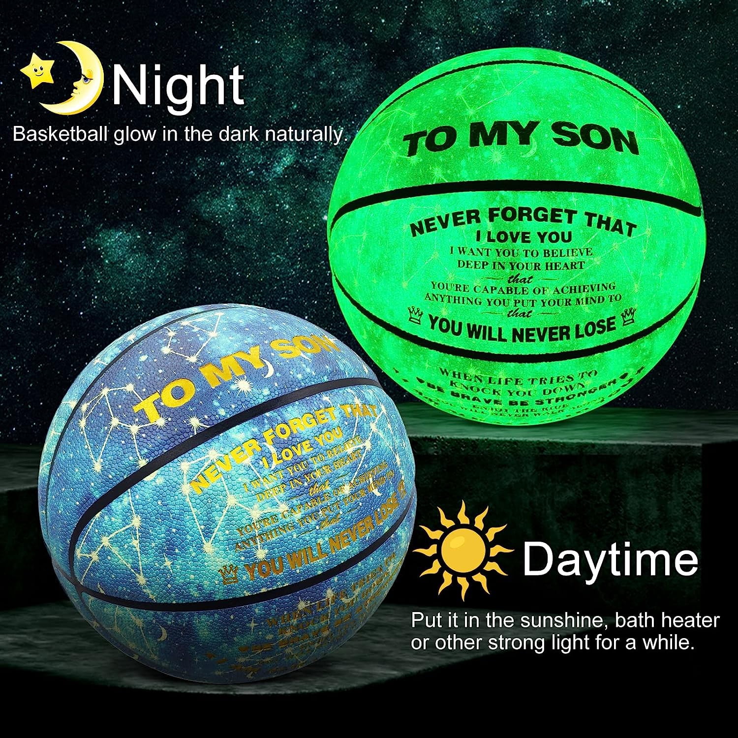 MILACHIC Glow in the Dark Basketball, Personalized to My Son Glowing Basketball Blue Size 7(29.5"), Indoor Outdoor Cool Basketball Gift