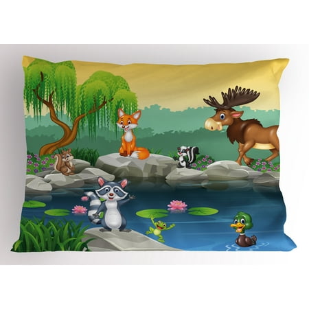 Cartoon Pillow Sham Funny Mascots Animals by the Lake Moose Fox Squirrel Raccoon Kids Nursery Theme, Decorative Standard Size Printed Pillowcase, 26 X 20 Inches, Multicolor, by Ambesonne